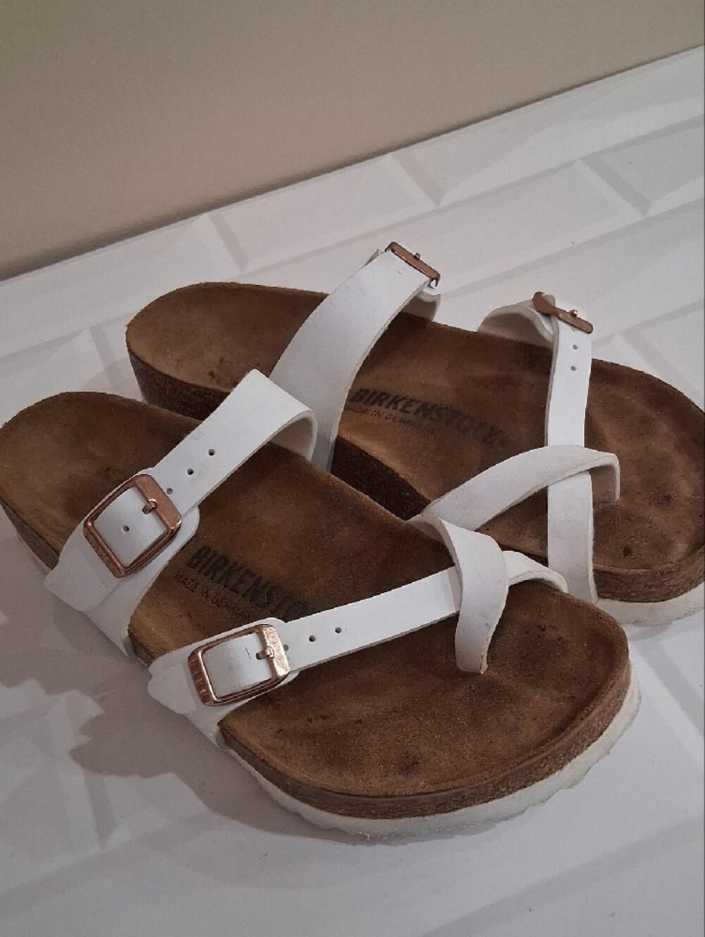 Birkenstock Mayari Women’s White Two-Strap Sandals with Rose Gold Buckles - Picture 6 of 11